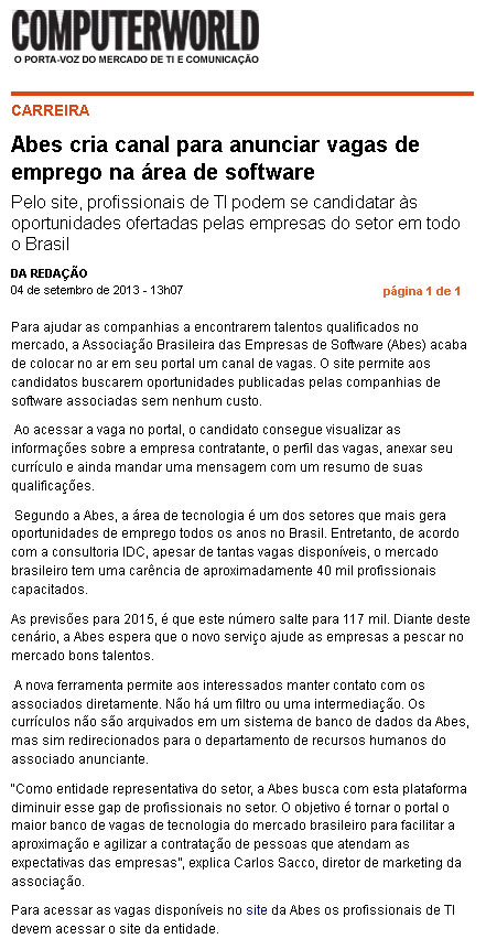 Abes cria canal para anunciar vagas de emprego na área de software