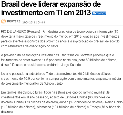 Brasil deve liderar expansão de investimento em TI em 2013