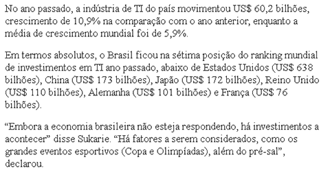 Brasil deve liderar mundialmente expansão de investimento em TI em 2013  