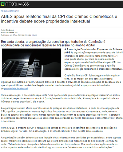 ABES apoia relatório final da CPI dos Crimes Cibernéticos e incentiva debate sobre propriedade intelectual