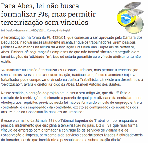 Para Abes, lei não busca formalizar PJs, mas permitir terceirização sem vínculos 