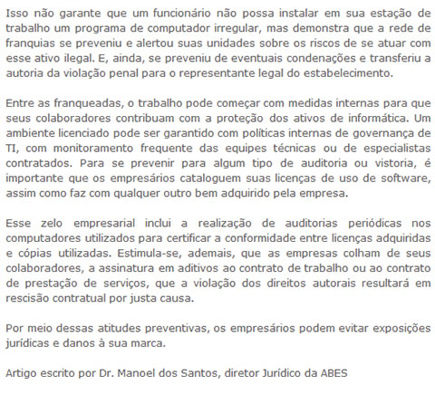 Clipping: Riscos legais do uso de software pirata em redes de franquias