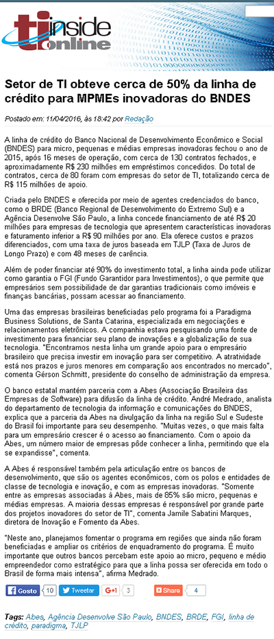 Setor de TI obteve cerca de 50% da linha de crédito para MPMEs inovadoras do BNDES