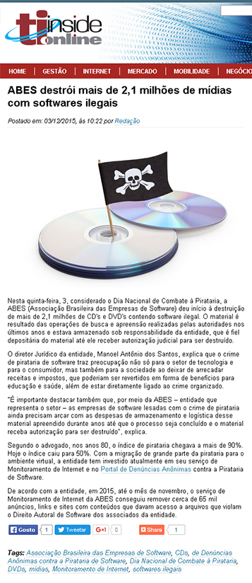 ABES destrói mais de 2,1 milhões de mídias com softwares ilegais